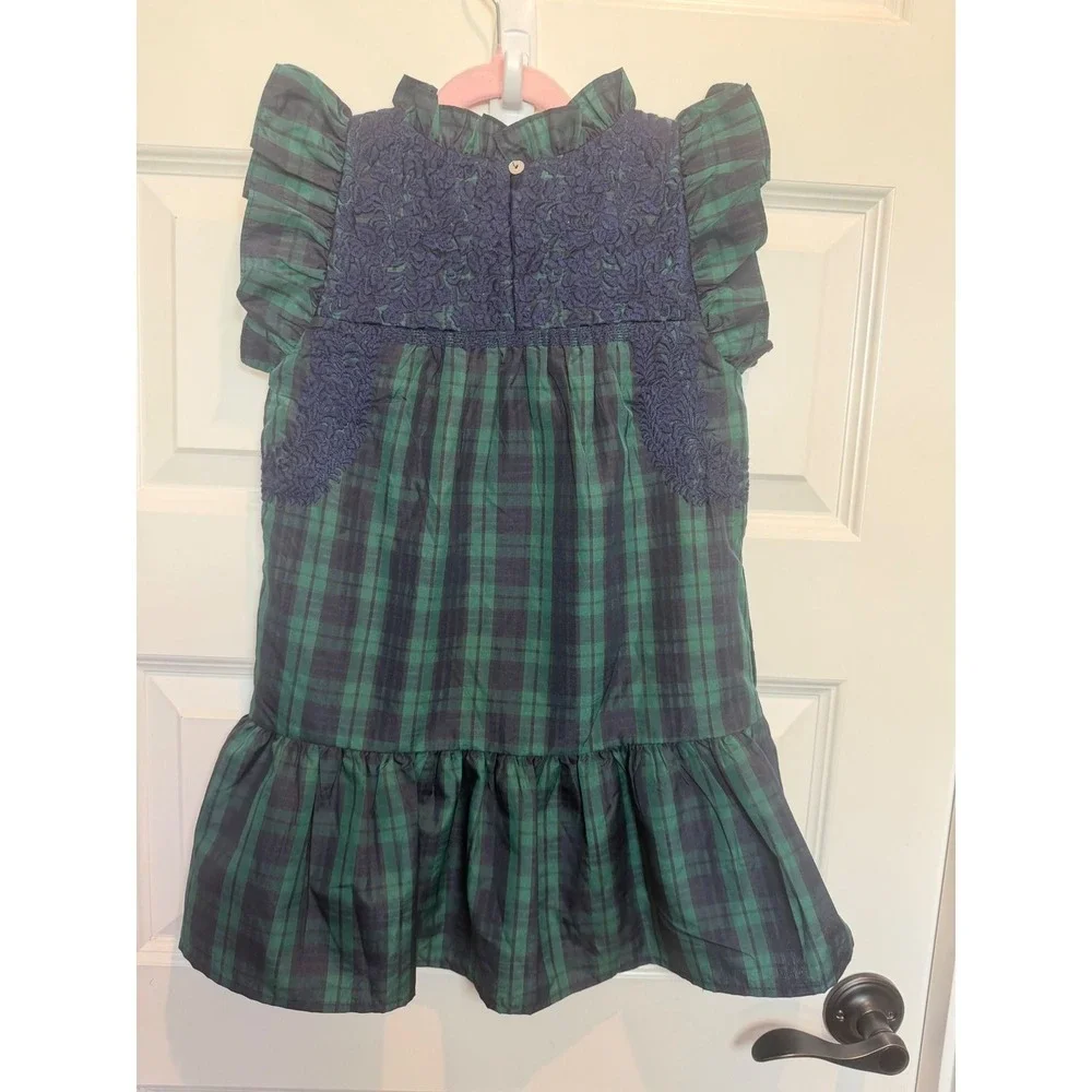 10.J. Marie Kids Green Navy Blue Plaid Lace Ruffle Dress JC1075 Size 5T